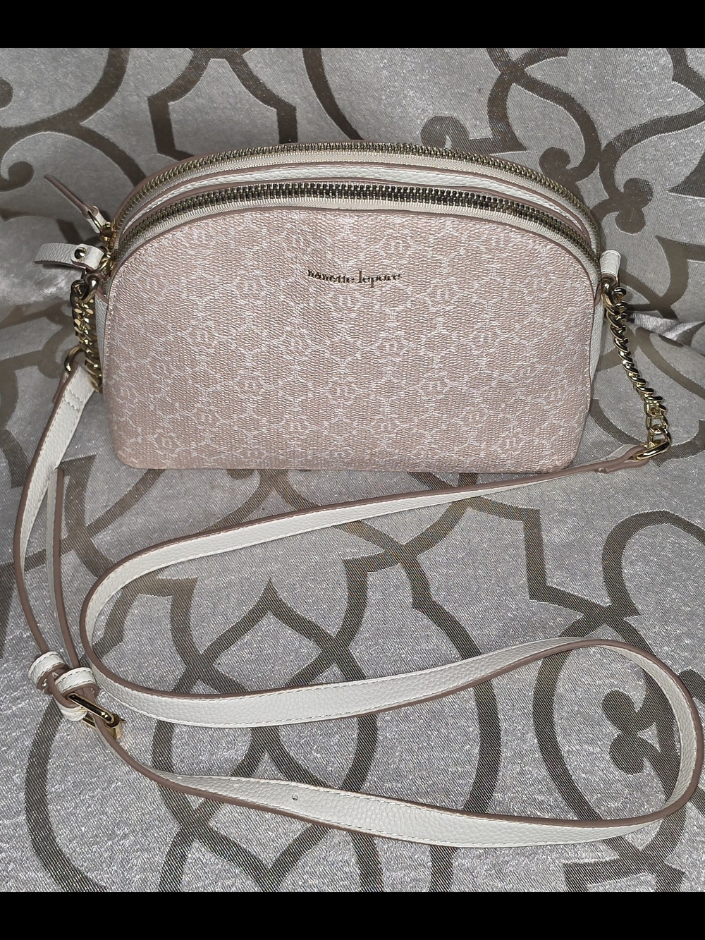 Nanette Lepore Blush Pink And Tan Patterned Dome Crossbody with Gold Accents - Picture 3 of 11